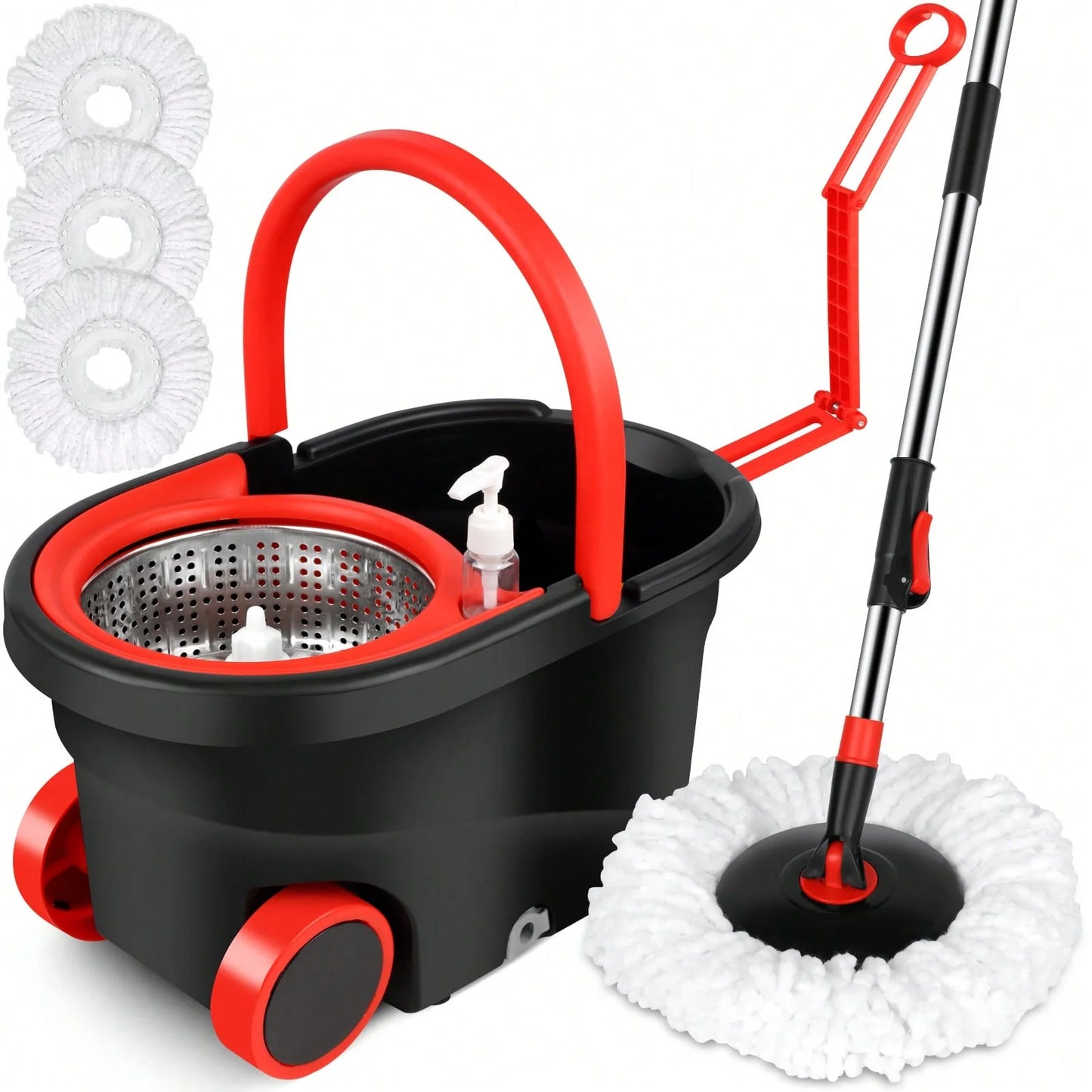 Spin Mop & Bucket Set for Floor Cleaning – 360° Rotation, Built-In Soap Dispenser, Stainless Steel Handle, 2 Reusable Heads
