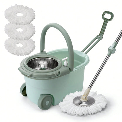 Spin Mop & Bucket Set for Floor Cleaning – 360° Rotation, Built-In Soap Dispenser, Stainless Steel Handle, 2 Reusable Heads