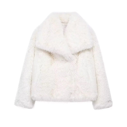 Women’s Cropped Faux Fur Jacket – Plush Lapel Collar Snap-Button Coat, Long Sleeve Winter Outerwear