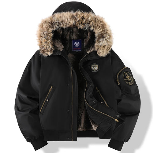 Men’s Oversized Black Aviator Winter Jacket – Detachable Faux Fur Hood, Embroidered Badge, Windproof Coat with Zipper Pockets