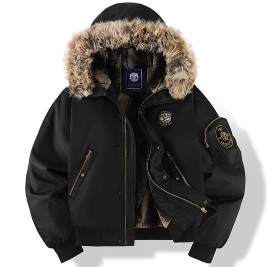 Men’s Oversized Black Aviator Winter Jacket – Detachable Faux Fur Hood, Embroidered Badge, Windproof Coat with Zipper Pockets