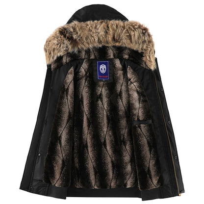 Men’s Oversized Black Aviator Winter Jacket – Detachable Faux Fur Hood, Embroidered Badge, Windproof Coat with Zipper Pockets