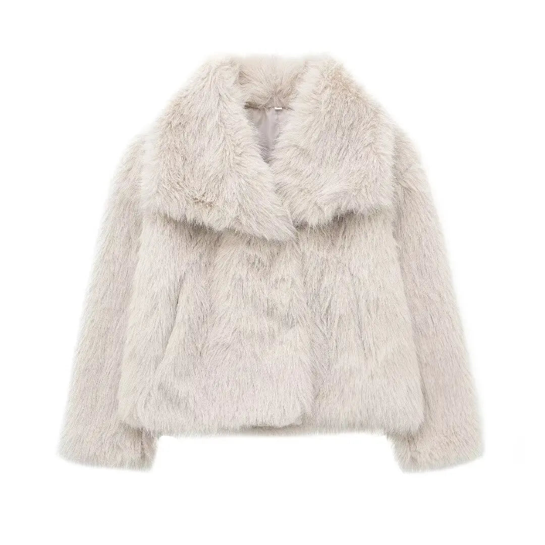 Women’s Cropped Faux Fur Jacket – Plush Lapel Collar Snap-Button Coat, Long Sleeve Winter Outerwear