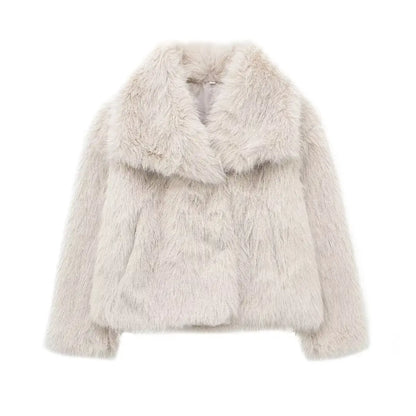 Women’s Cropped Faux Fur Jacket – Plush Lapel Collar Snap-Button Coat, Long Sleeve Winter Outerwear