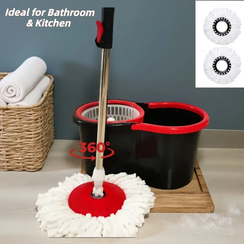 Spin Mop & Bucket Set for Floor Cleaning – 360° Rotation, Built-In Soap Dispenser, Stainless Steel Handle, 2 Reusable Heads