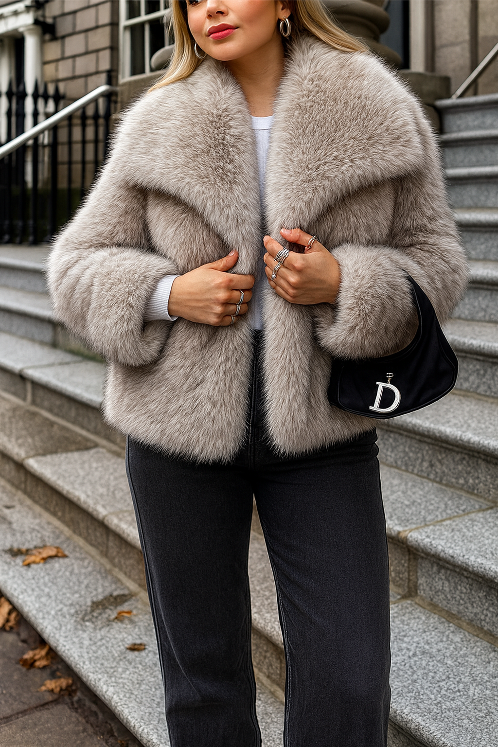 Women’s Cropped Faux Fur Jacket – Plush Lapel Collar Snap-Button Coat, Long Sleeve Winter Outerwear